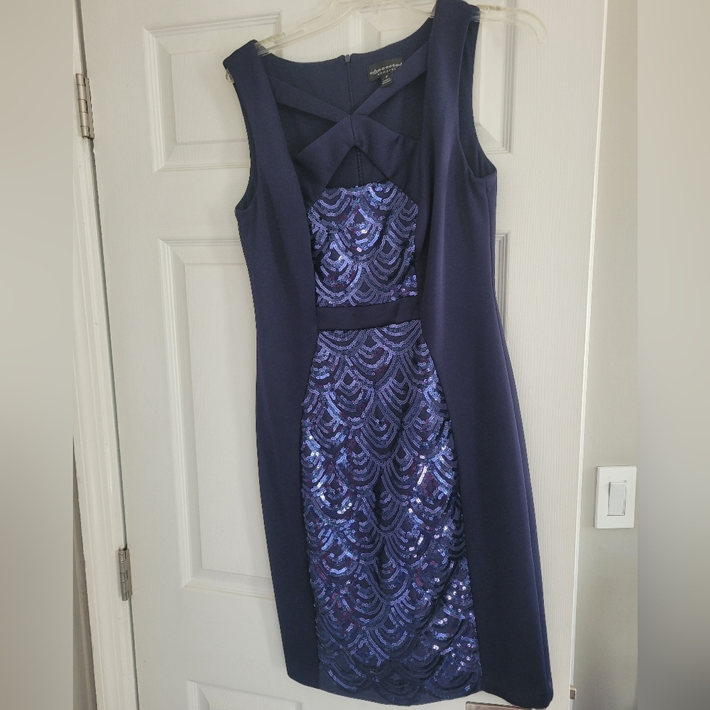 Connected Apparel Navy and Purple Sequin Mini Dress